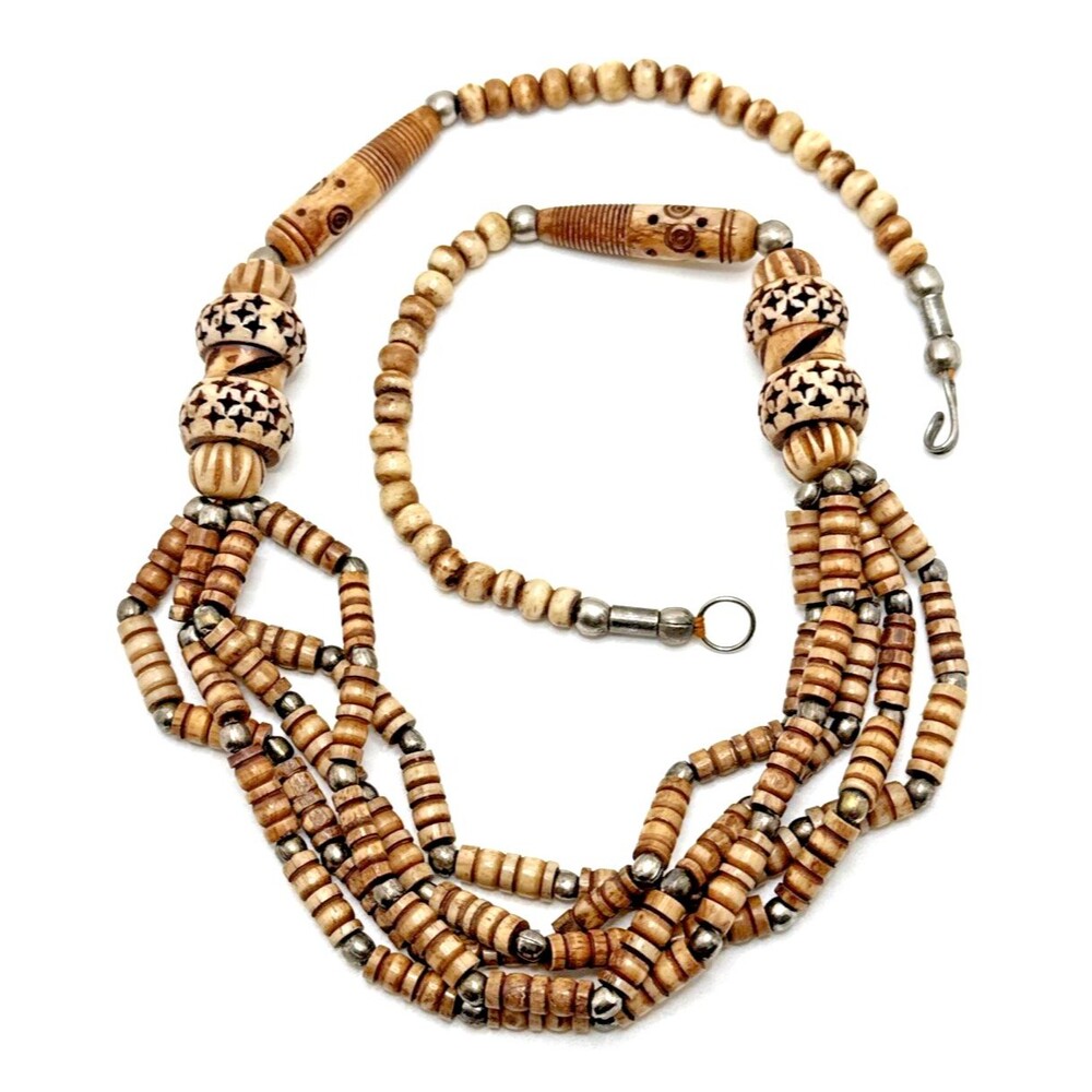 Vintage Boho Tribal Carved Bovine Bone Bead Statement Necklace 25" Handmade
